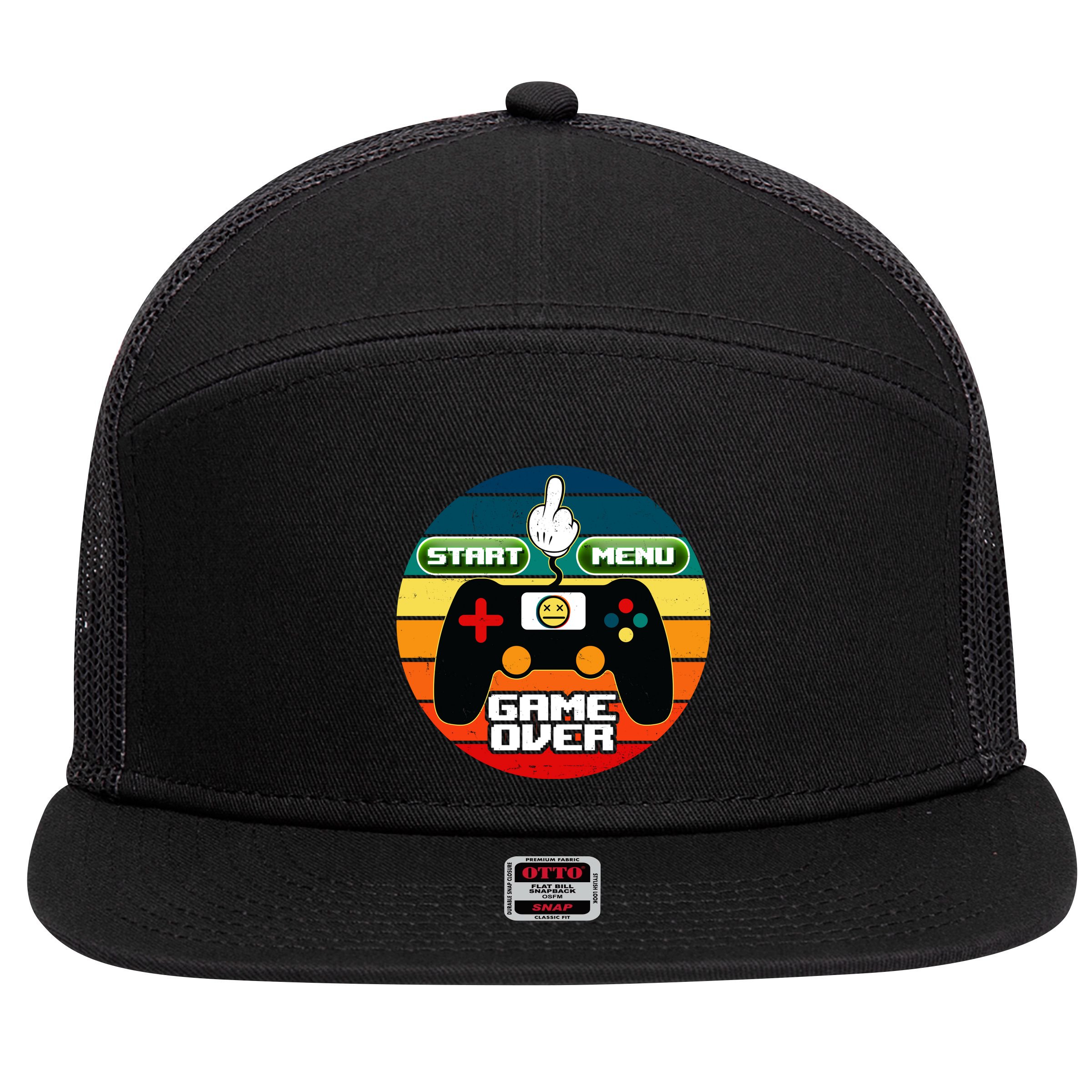 Funny Retro Game Over Gamer 7 Panel Mesh Trucker Snapback Hat