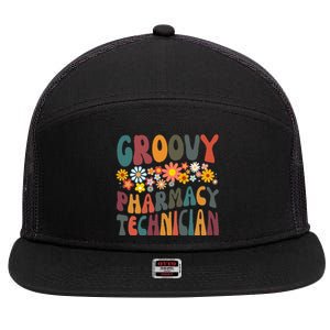 Floral Retro Groovy Hilarious Pharmacy Technician Pharmacist 7 Panel Mesh Trucker Snapback Hat