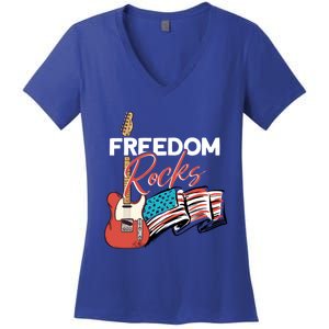 Freedom Rocks Gift Patriotic American Flag Outfit 4th Of July Gift Women's V-Neck T-Shirt