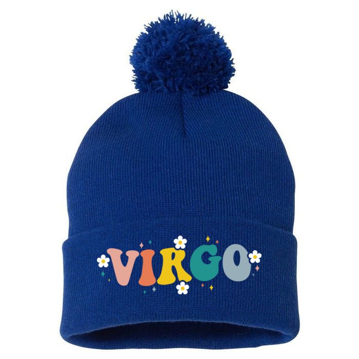 Floral Retro Groovy Virgo Astrology Zodiac Sign Gift Pom Pom 12in Knit Beanie