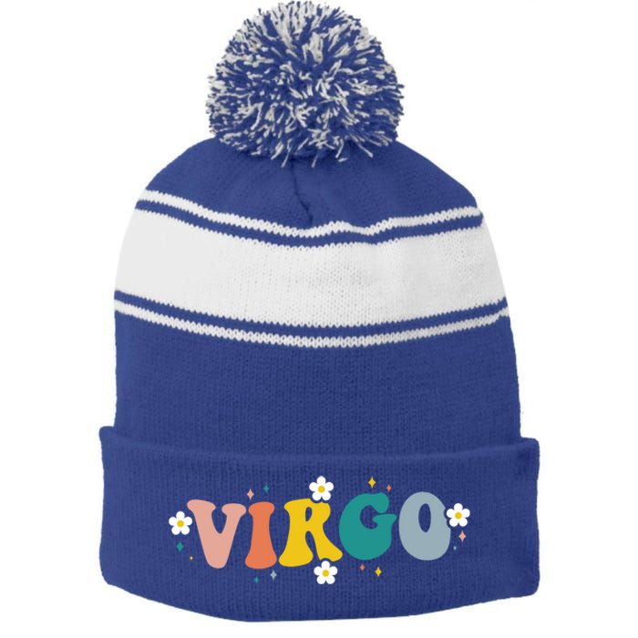 Floral Retro Groovy Virgo Astrology Zodiac Sign Gift Stripe Pom Pom Beanie