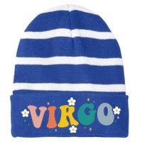 Floral Retro Groovy Virgo Astrology Zodiac Sign Gift Striped Beanie with Solid Band