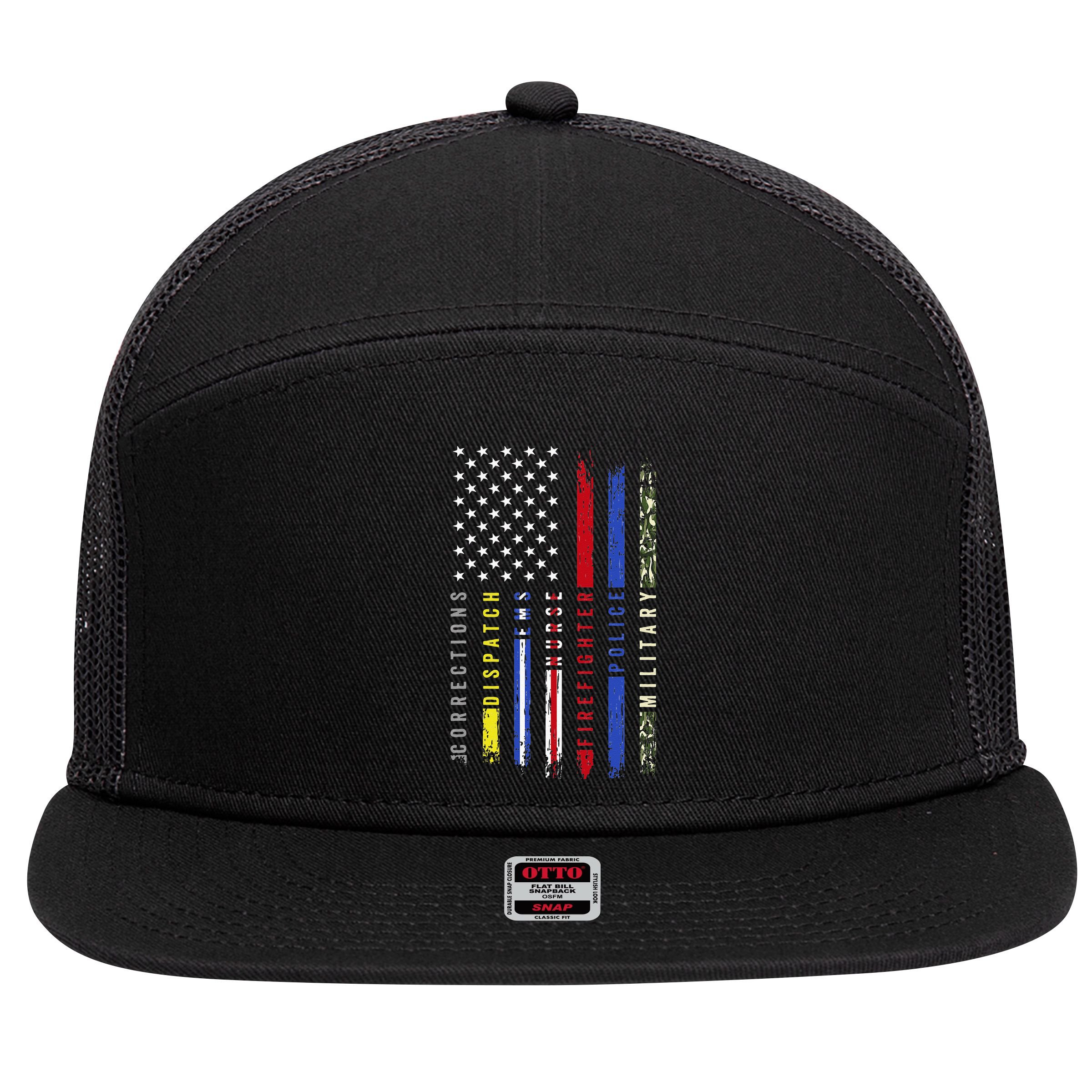 First Responders Hero Flag Nurse EMS Police Fire Military 7 Panel Mesh Trucker Snapback Hat