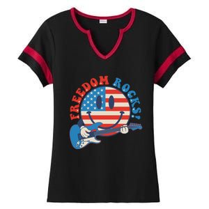 Freedom Rocks Hippie Face Rock Guitar Groovy 4th Of July Gift Ladies Halftime Notch Neck Tee