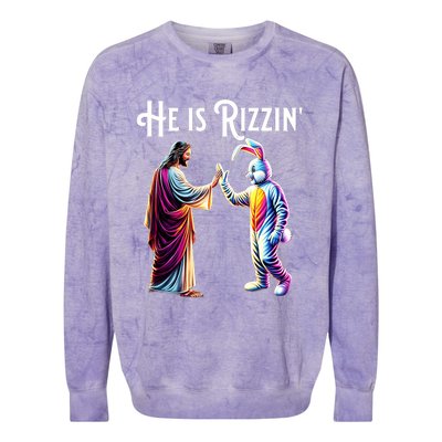 Funny Rizz He Is Rizzin Jesus High Five Easter Bunny Colorblast Crewneck Sweatshirt