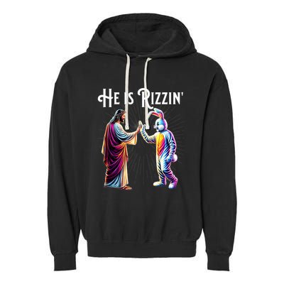 Funny Rizz He Is Rizzin Jesus High Five Easter Bunny Garment-Dyed Fleece Hoodie