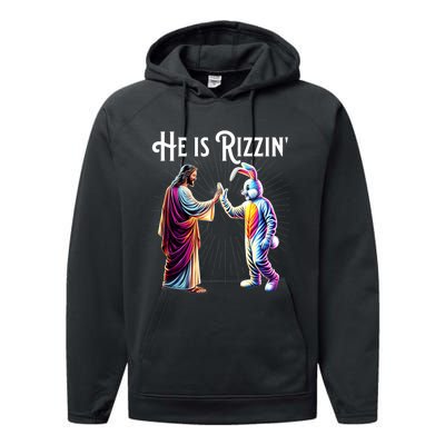 Funny Rizz He Is Rizzin Jesus High Five Easter Bunny Performance Fleece Hoodie