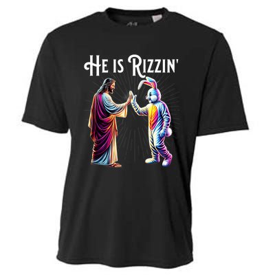 Funny Rizz He Is Rizzin Jesus High Five Easter Bunny Cooling Performance Crew T-Shirt