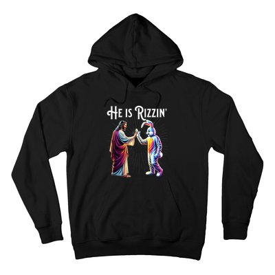 Funny Rizz He Is Rizzin Jesus High Five Easter Bunny Hoodie