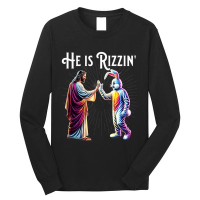 Funny Rizz He Is Rizzin Jesus High Five Easter Bunny Long Sleeve Shirt