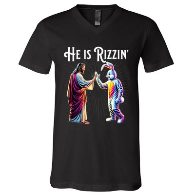 Funny Rizz He Is Rizzin Jesus High Five Easter Bunny V-Neck T-Shirt