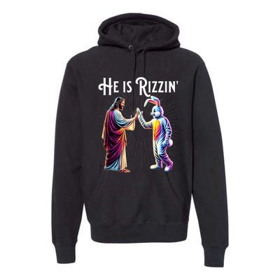 Funny Rizz He Is Rizzin Jesus High Five Easter Bunny Premium Hoodie