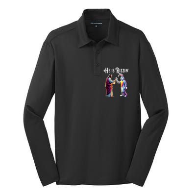 Funny Rizz He Is Rizzin Jesus High Five Easter Bunny Silk Touch Performance Long Sleeve Polo