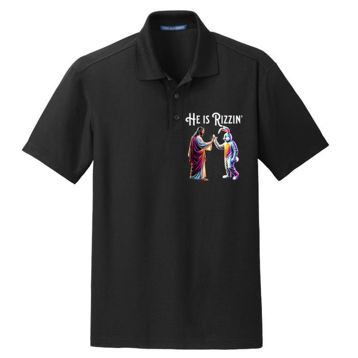 Funny Rizz He Is Rizzin Jesus High Five Easter Bunny Dry Zone Grid Polo