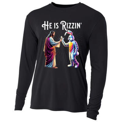 Funny Rizz He Is Rizzin Jesus High Five Easter Bunny Cooling Performance Long Sleeve Crew