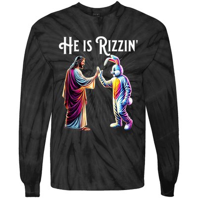 Funny Rizz He Is Rizzin Jesus High Five Easter Bunny Tie-Dye Long Sleeve Shirt