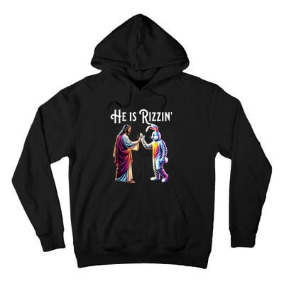 Funny Rizz He Is Rizzin Jesus High Five Easter Bunny Tall Hoodie