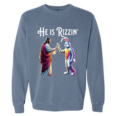 Funny Rizz He Is Rizzin Jesus High Five Easter Bunny Garment-Dyed Sweatshirt