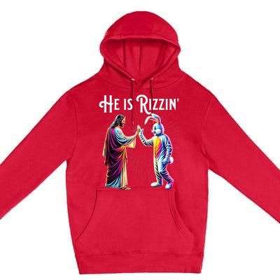 Funny Rizz He Is Rizzin Jesus High Five Easter Bunny Premium Pullover Hoodie