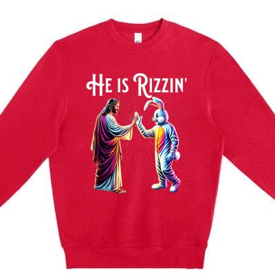 Funny Rizz He Is Rizzin Jesus High Five Easter Bunny Premium Crewneck Sweatshirt