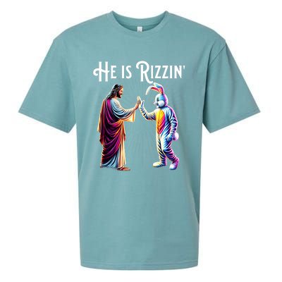 Funny Rizz He Is Rizzin Jesus High Five Easter Bunny Sueded Cloud Jersey T-Shirt