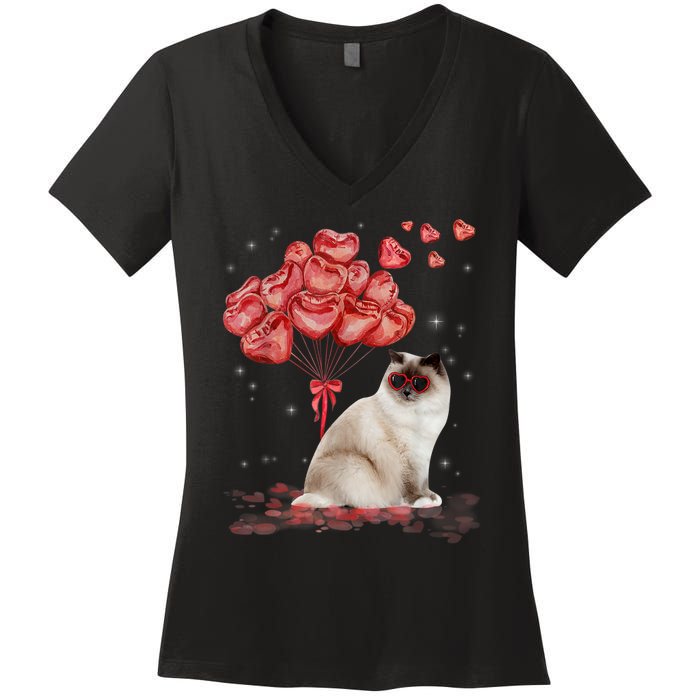 Funny Ragdoll Heart Valentines Day Cat Dad Mom Gift Women's V-Neck T-Shirt