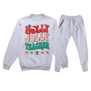 Festive Retro Holly Xmas Teacher Christmas Vibes Holiday Cheer Premium Crewneck Sweatsuit Set