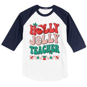 Festive Retro Holly Xmas Teacher Christmas Vibes Holiday Cheer Baseball Sleeve Shirt