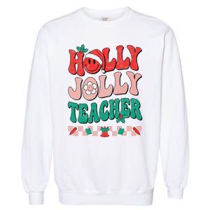 Festive Retro Holly Xmas Teacher Christmas Vibes Holiday Cheer Garment-Dyed Sweatshirt