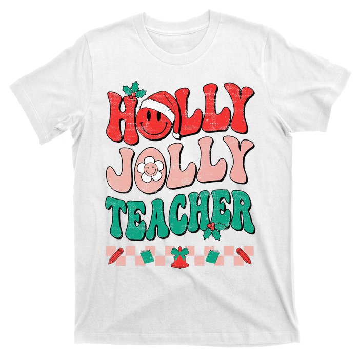 Festive Retro Holly Xmas Teacher Christmas Vibes Holiday Cheer T-Shirt