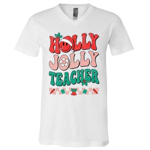 Festive Retro Holly Xmas Teacher Christmas Vibes Holiday Cheer V-Neck T-Shirt