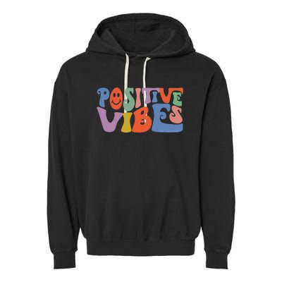 Fun Retro Hippie Inspirational Happy Positive Vibes Garment-Dyed Fleece Hoodie