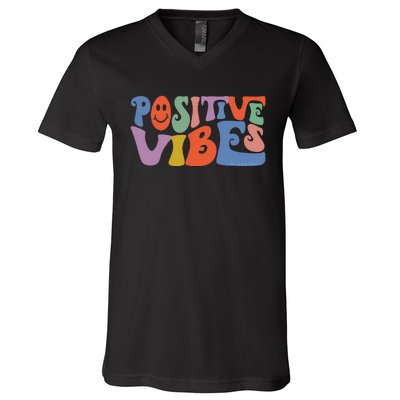 Fun Retro Hippie Inspirational Happy Positive Vibes V-Neck T-Shirt