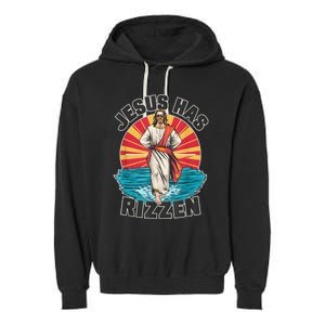 Funny Rizz He Is Rizzin Jesus High Five Easter Bunny Garment-Dyed Fleece Hoodie