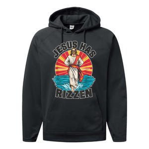 Funny Rizz He Is Rizzin Jesus High Five Easter Bunny Performance Fleece Hoodie