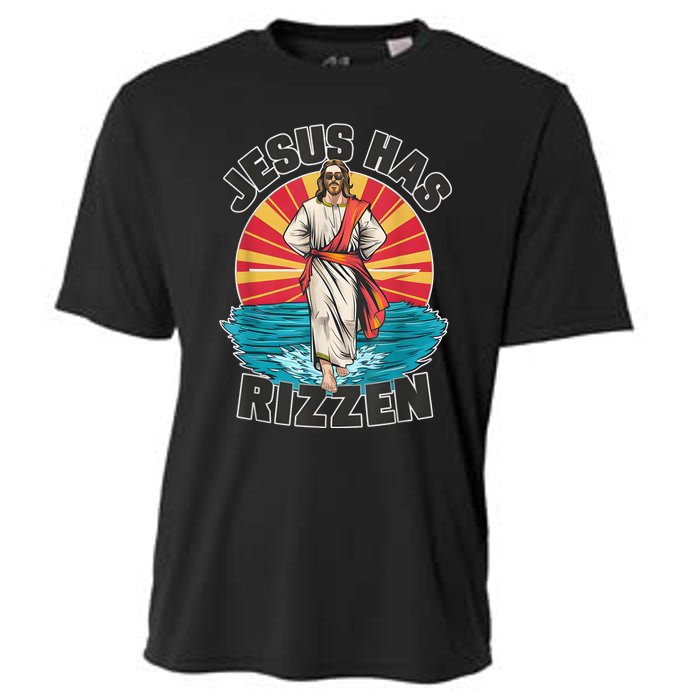 Funny Rizz He Is Rizzin Jesus High Five Easter Bunny Cooling Performance Crew T-Shirt