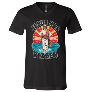 Funny Rizz He Is Rizzin Jesus High Five Easter Bunny V-Neck T-Shirt