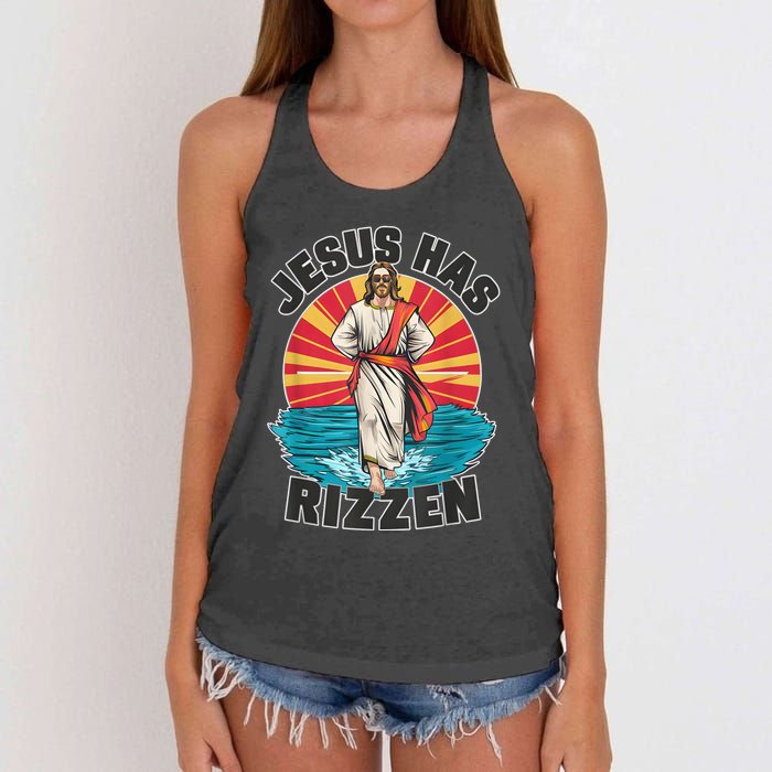 Funny Rizz He Is Rizzin Jesus High Five Easter Bunny Women's Knotted Racerback Tank