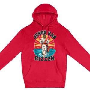 Funny Rizz He Is Rizzin Jesus High Five Easter Bunny Premium Pullover Hoodie