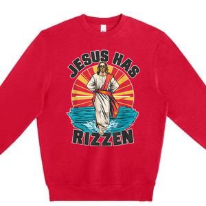 Funny Rizz He Is Rizzin Jesus High Five Easter Bunny Premium Crewneck Sweatshirt