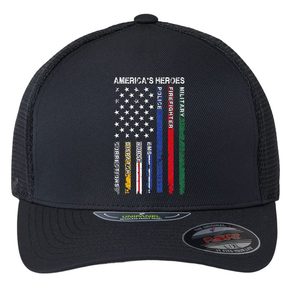 First Responders Hero Flag Nurse EMS Police Fire Flexfit Unipanel Trucker Cap