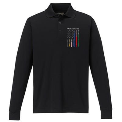 First Responders Hero Flag Nurse EMS Police Fire Performance Long Sleeve Polo