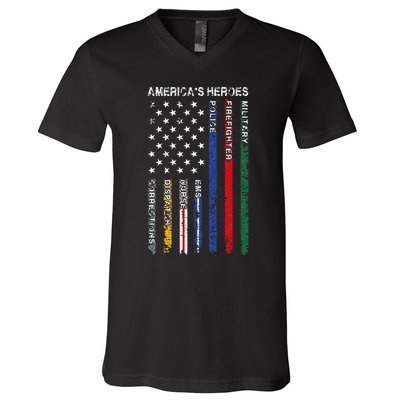 First Responders Hero Flag Nurse EMS Police Fire V-Neck T-Shirt