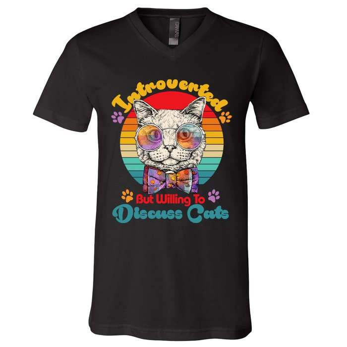 Funny Retro Hippy Hipster Glasses Cat Introverted But Willing To Discuss Cats V-Neck T-Shirt