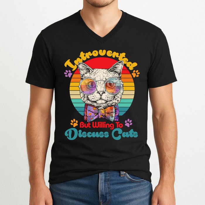 Funny Retro Hippy Hipster Glasses Cat Introverted But Willing To Discuss Cats V-Neck T-Shirt
