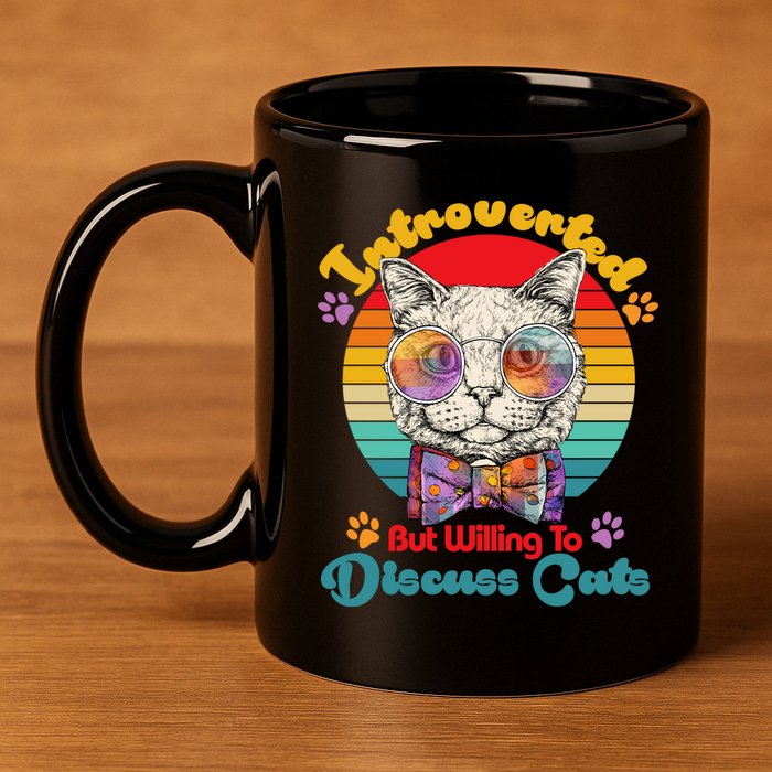 Funny Retro Hippy Hipster Glasses Cat Introverted But Willing To Discuss Cats 11oz C Handle Ceramic Mug