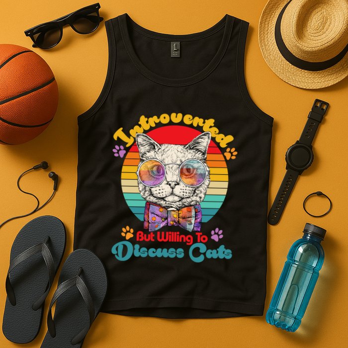 Funny Retro Hippy Hipster Glasses Cat Introverted But Willing To Discuss Cats Tank Top
