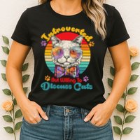 Funny Retro Hippy Hipster Glasses Cat Introverted But Willing To Discuss Cats Womens T-Shirt