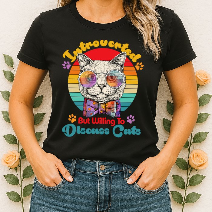 Funny Retro Hippy Hipster Glasses Cat Introverted But Willing To Discuss Cats Womens T-Shirt