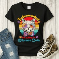 Funny Retro Hippy Hipster Glasses Cat Introverted But Willing To Discuss Cats Womens T-Shirt